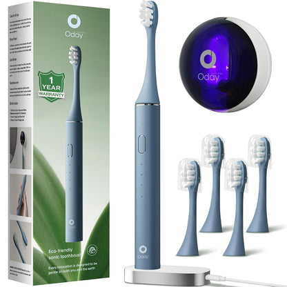 Oday Sonic Electric Toothbrush for Adults with Wall Mounted Toothbrush Sanitizer Holder and 4 Brush Heads, Smart Timer, Wireless Charging, IPX7 Waterproof, 1 Month+ Battery, Blue