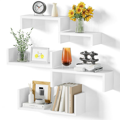 SRIWATANA White Floating Shelves, Set of 5 Solid Wood Wall Mounted Shelves | Sturdy Rustic Wall Organizers in 5-Piece Set; Space-Saving Wood Shelves to Create Custom Gallery Displays for Decor & Storage