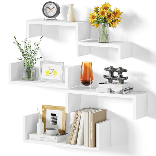 White Floating Shelves, Set of 5 Solid Wood Wall M... (5 Count | Washed White | Wood)