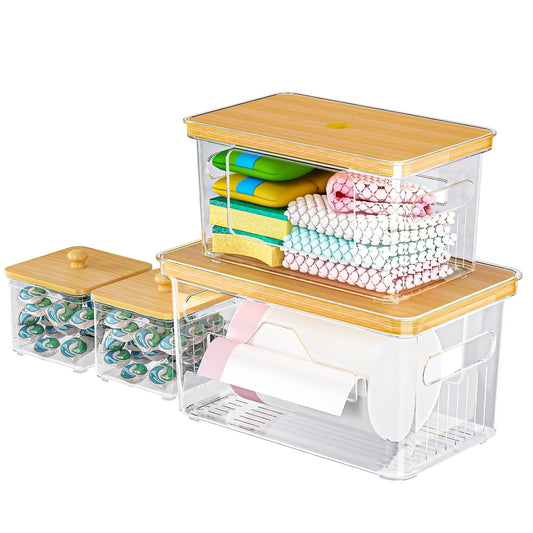 4 Pack Trash Bag Holder with Bamboo Lid, Stackable Garbage Bag Dispenser Under Sink, Storage Organizer for Kitchen, Laundry, Pantry (S+S+M+L)