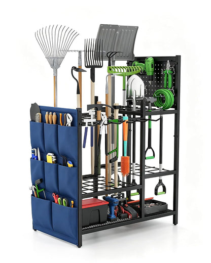 Garden Tool Organizer with Pegboard, Yard Tool Holder Standing for Garage Organization, Up to 30 Long-Handled/10 D-Handled Tools/Rake/Broom/Shovel/, with Side Storage Pocket