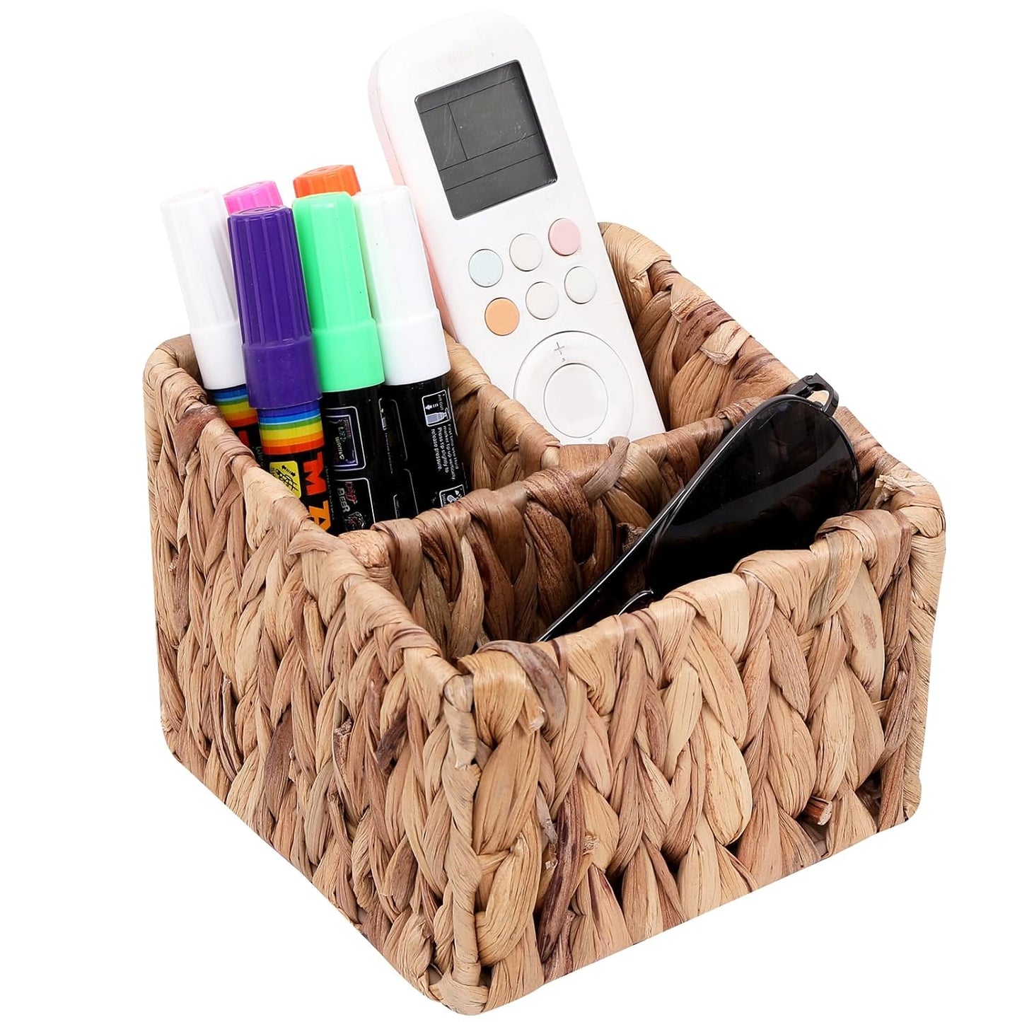 Hand Woven Wicker Remote Control Holder with 3 Compartments-Natural | Water Hyacinth Storage Basket,Cosmetic Storage Box for Desk,Home Organization