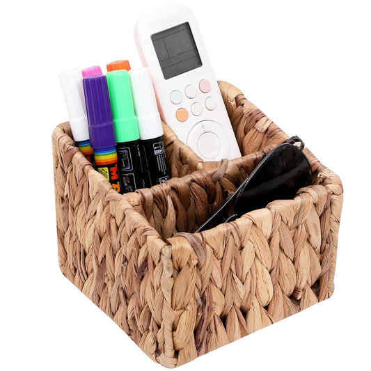 Hand Woven Wicker Remote Control Holder with 3 Compartments-Natural | Water Hyacinth Storage Basket,Cosmetic Storage Box for Desk,Home Organization