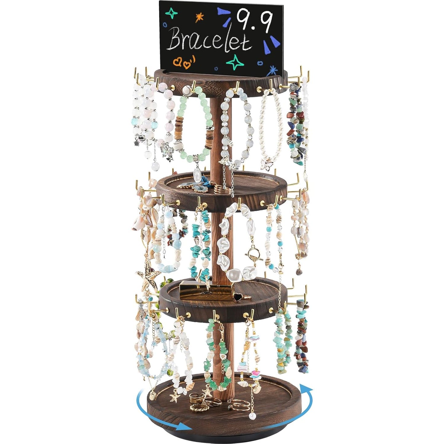 Lolalet 4-Tier Rotating Bracelet Holder -Darkbrown | Wooden Display Stand with 42 Hooks & Tray Base, 360° Degrees Rotatable, Holds Bracelets, Key Chains & Small Accessories
