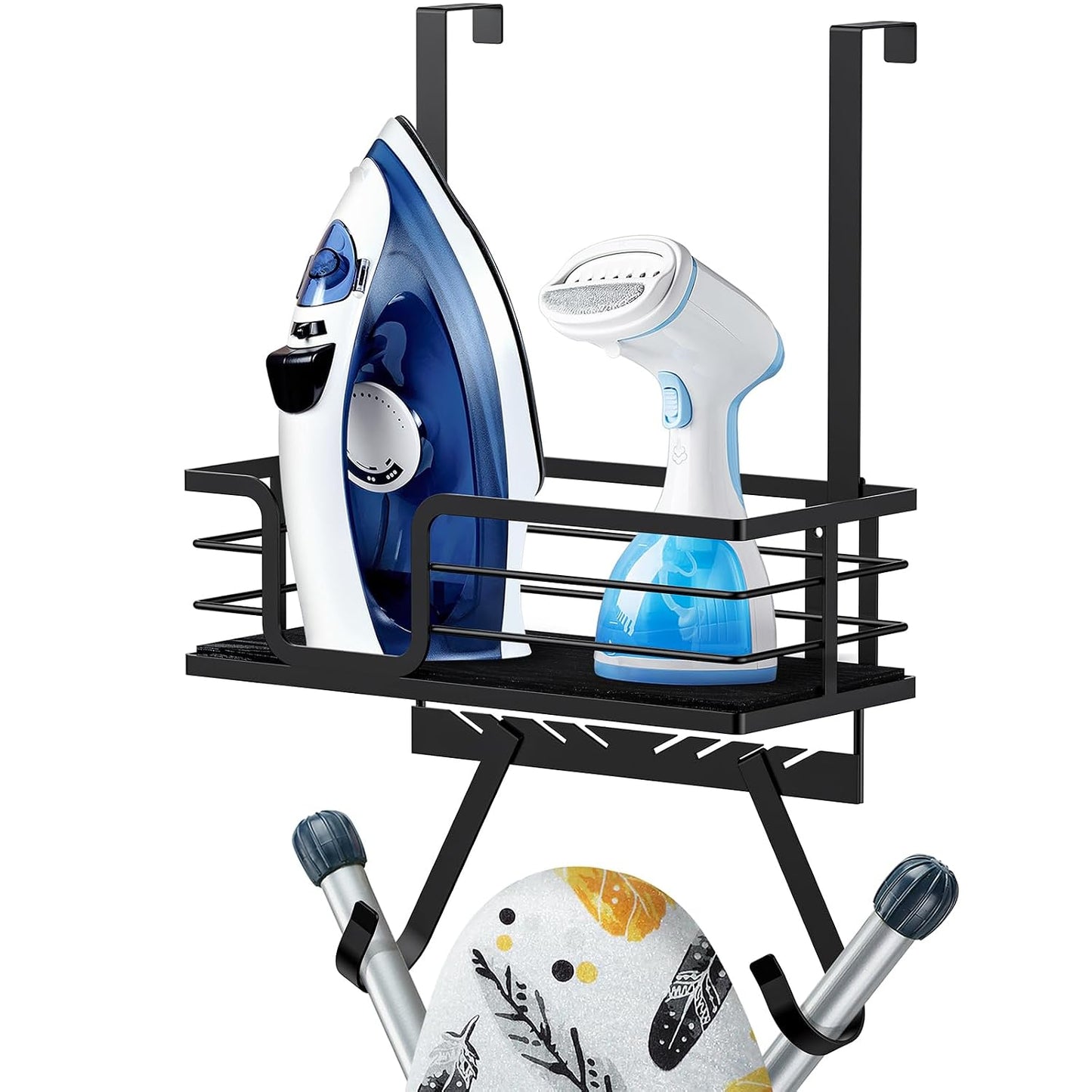 TJ.MOREE Over the Door/Wall Mount Ironing Board Hanger, Laundry Room Iron and Ironing Board Caddy Storage for Water Mister, Fabric Sprays, Laundry Detergent