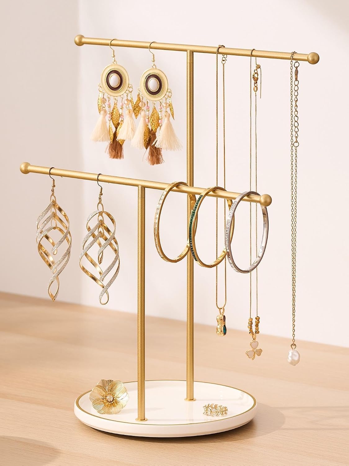 Jewelry Stand with Ceramic Tray, Necklace Holder, Gold Bar White Base | Ceramic Base, Gift for Women & Girls, Hanging Necklace Organizer Tree, Earrings, Bracelets, Rings, small