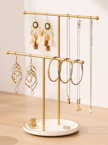 Jewelry Stand with Ceramic Tray, Necklace Holder, Gold Bar White Base | Ceramic Base, Gift for Women & Girls, Hanging Necklace Organizer Tree, Earrings, Bracelets, Rings, small