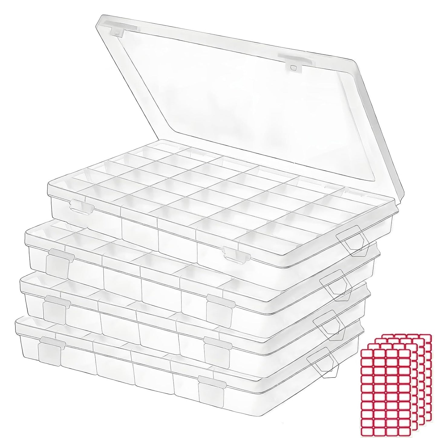 Budreu 4pack 36 Grids Plastic Clear Organizer Box Bead Storage Containers with Adjustable Dividers for Craft Jewelry Fishing Tackles Parts Storage with 4 Sheets Label Stickers