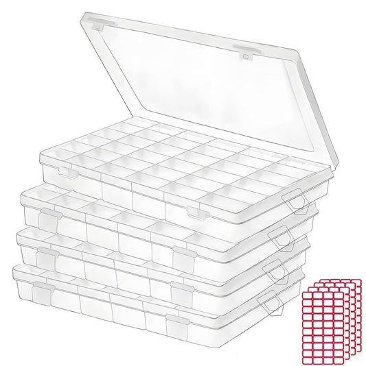 Budreu 4pack 36 Grids Plastic Clear Organizer Box Bead Storage Containers with Adjustable Dividers for Craft Jewelry Fishing Tackles Parts Storage with 4 Sheets Label Stickers