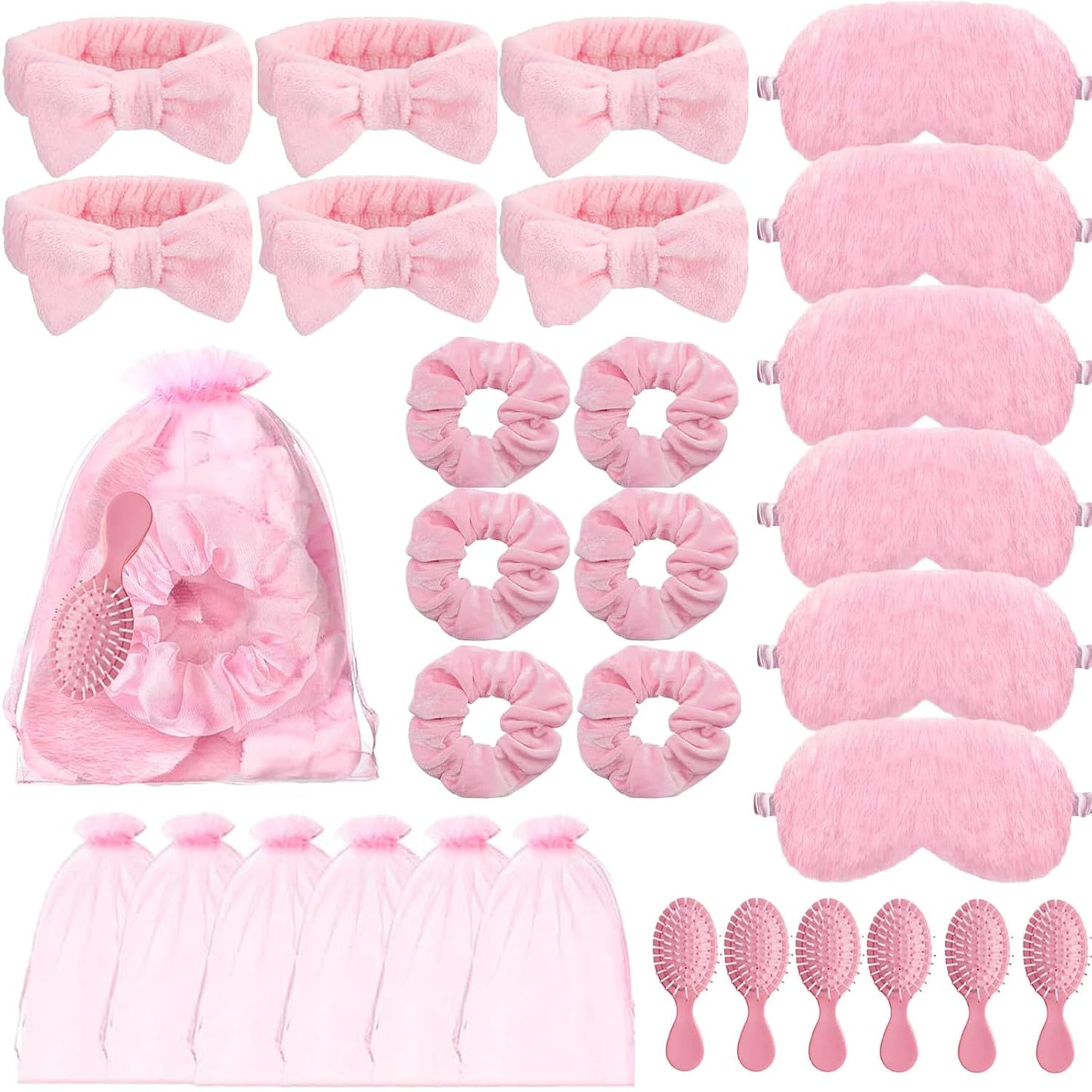 30 Pieces Spa Party Supplies Include Eye Mask Spa Headband with Coquette Bow Plush Sleep Velvet Scrunchies Organza Bags Hair Comb for Sleepover Slumber Party Favor Return Gift