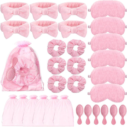 30 Pieces Spa Party Supplies Include Eye Mask Spa Headband with Coquette Bow Plush Sleep Velvet Scrunchies Organza Bags Hair Comb for Sleepover Slumber Party Favor Return Gift
