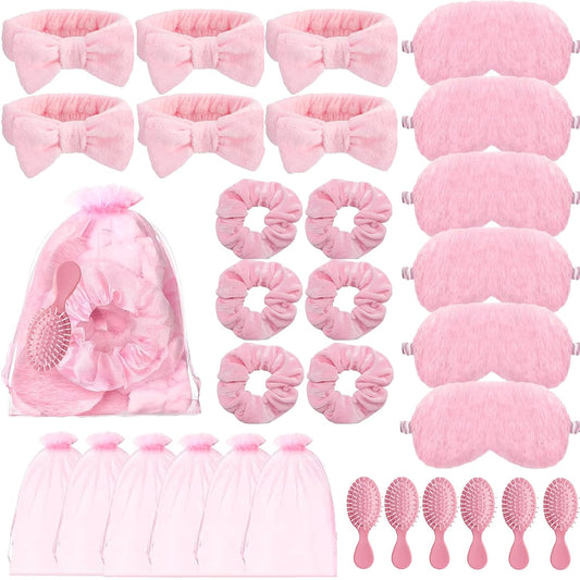 30 Pieces Spa Party Supplies Include Eye Mask Spa Headband with Coquette Bow Plush Sleep Velvet Scrunchies Organza Bags Hair Comb for Sleepover Slumber Party Favor Return Gift