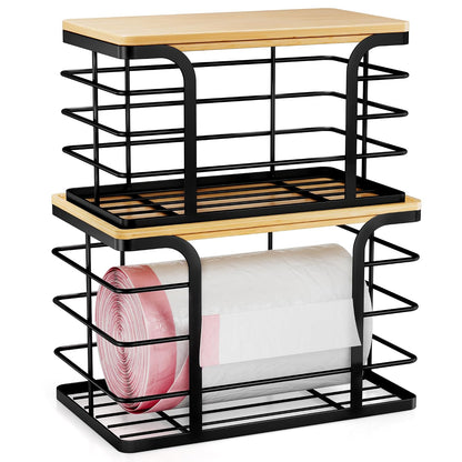2 Pack Stackable Storage for Kitchen Laundry Pantry Organizers,Trash Bag Holder with Bamboo Top,Wall Mount Garbage Bag Dispenser,Black Large and Small