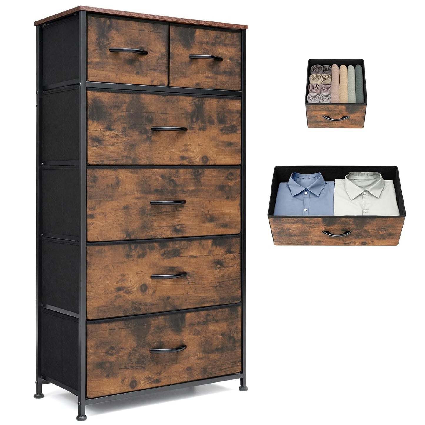 Tall Dresser for Bedroom, Fabric Storage Tower with 6 Drawers | Vertical Organizer Cabinet, Steel Frame, Wooden Top for Closet, Living Room, Hallway