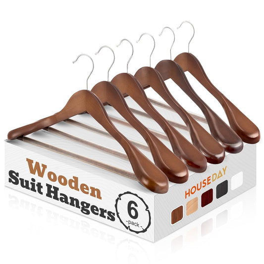 HOUSE DAY Wide Shoulder Wooden Hangers, Suit Hangers with Non Slip Pants Bar, Smooth Finish 360° Swivel Hook Solid Wood Coat Hangers for Dress, Jacket, Pants, Heavy Clothes Hangers 6 Pack (Walnut)