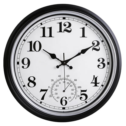 16 Inch Large Outdoor Clock Retro Waterproof Clock Non-Ticking, Black | Indoor/Outdoor Wall Clock with Thermometer, Battery Operated for Pool, Patio, Garden