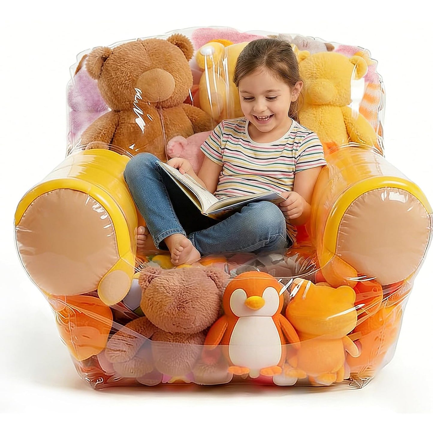 Clear Stuffed Animal Storage Chair Cover for Kids, 180L Large Thickened PVC Bean Bag Cover with Zipper, Waterproof Plush Storage Organizer and Seat, Beanbag Chair for Playroom