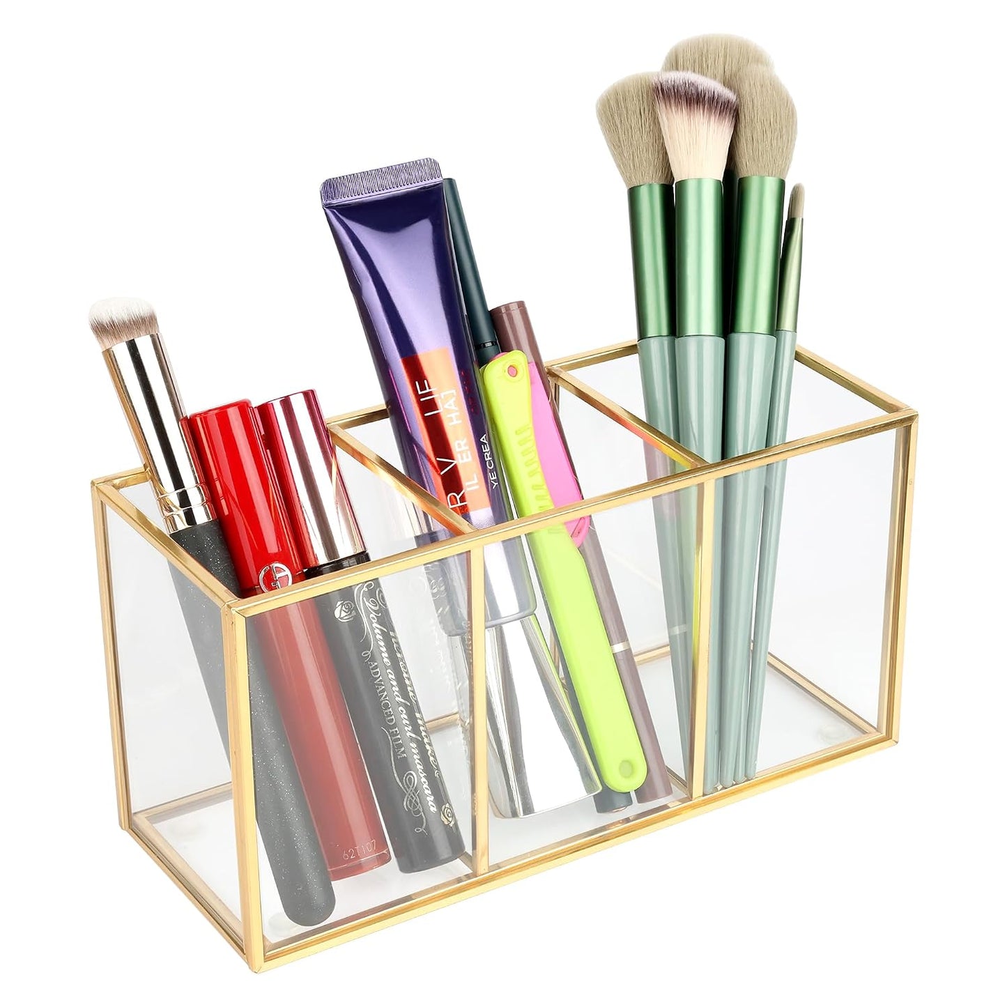 ELEGANTLIFE Clear Glass Makeup Brush Organizer,Luxurious Tempered Glass Cosmetics Brushes Storage Holder for Refined Bathroom Decor (Gold, 3 Sections)