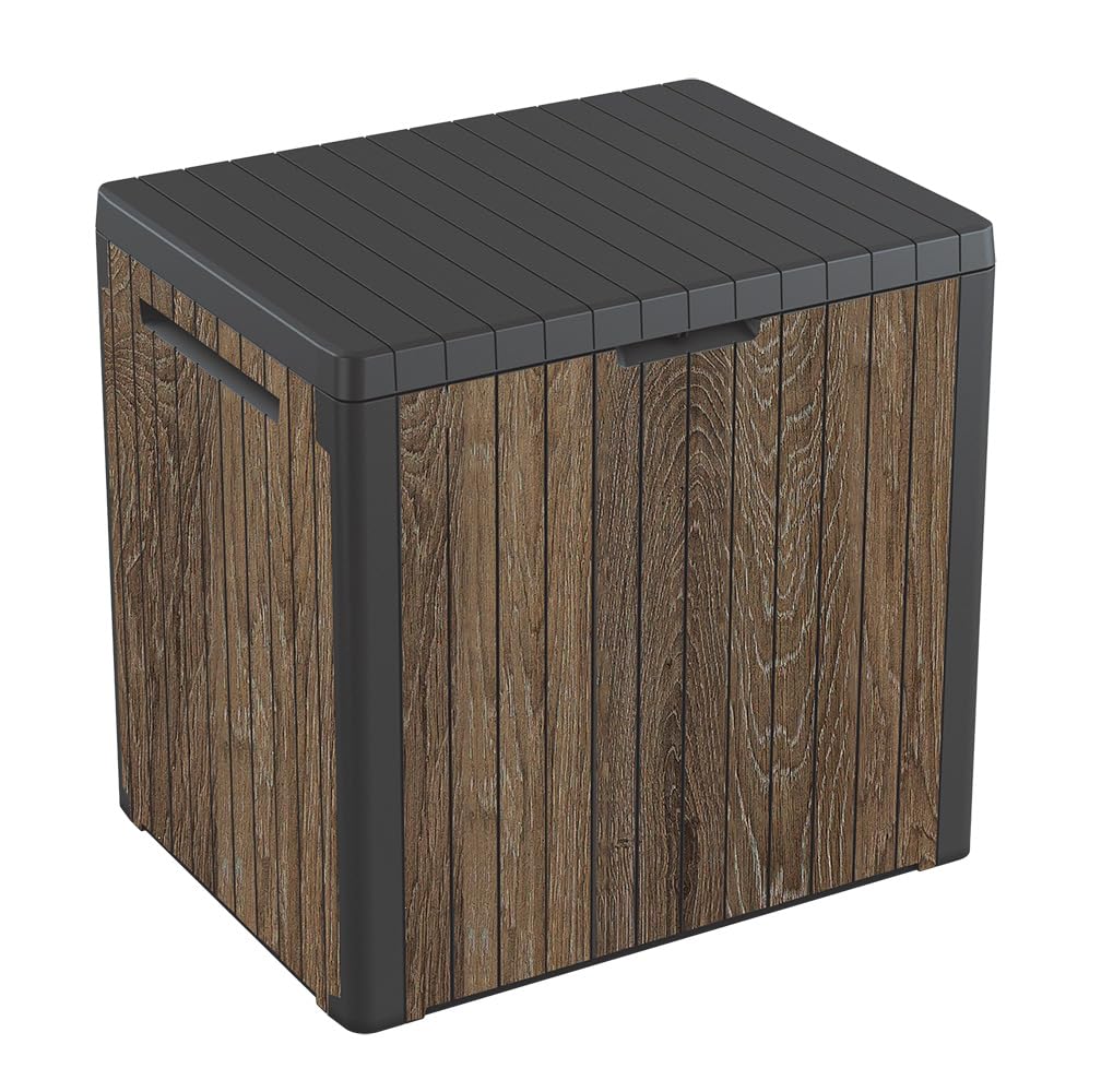 Keter Premium Everwood 30 Gal Outdoor Storage Box and Patio Side Table | Walnut, Resin, Compact, Weatherproof, Lockable, Durable, Easy Assembly, Organization, Patio Cushions Storage