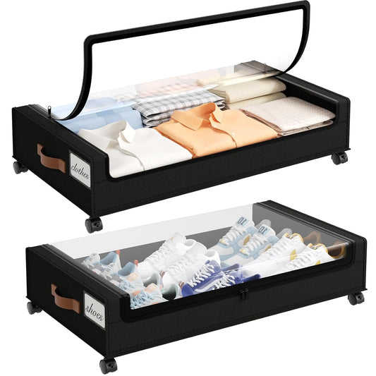 Under Bed Storage with Wheels, 2 Pack Under the Be... (2 Count | Black | Fabric)