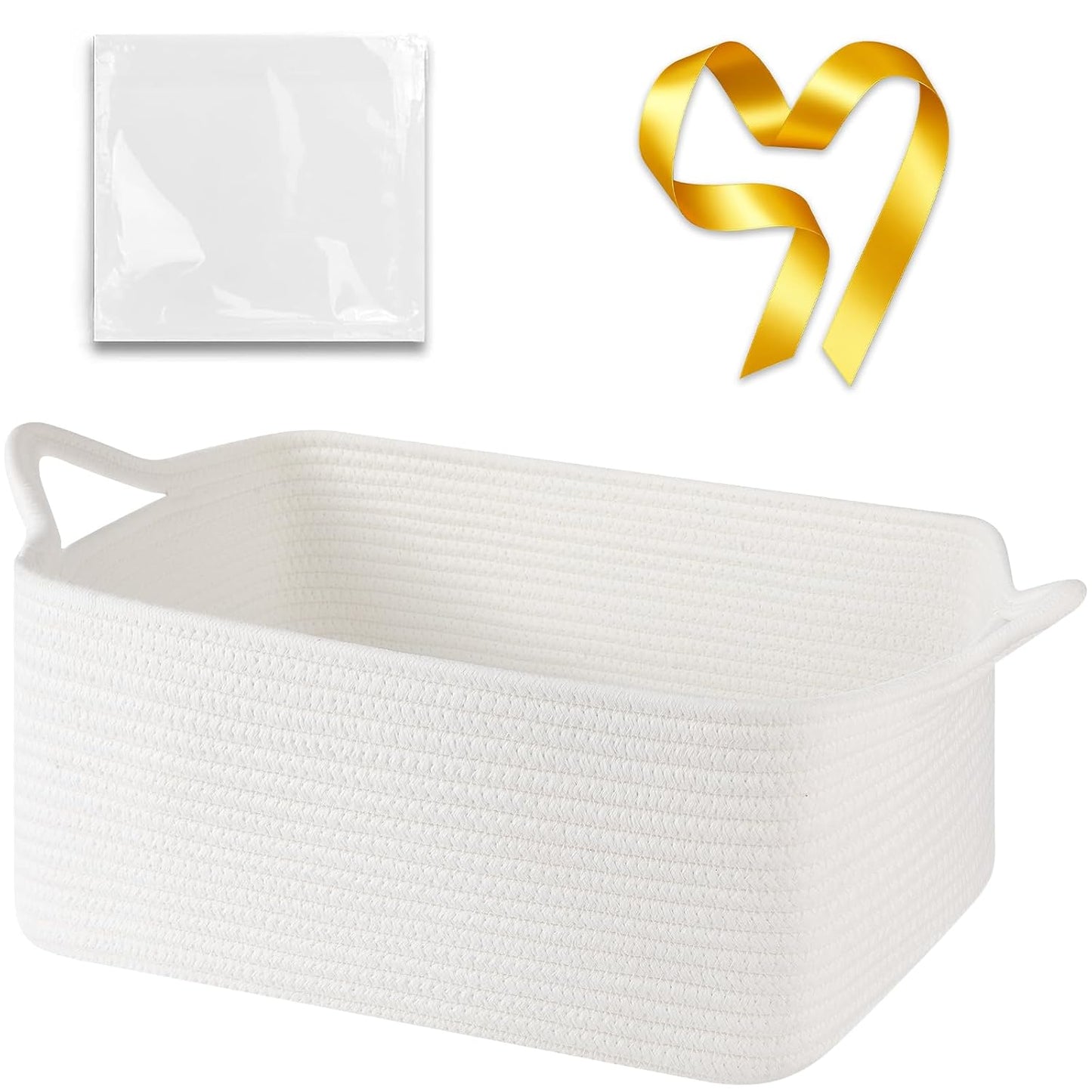 OIASKET Large Empty Cotton Rope Gift Basket with Handles, 16.5"x12.6"x7" Decorative Woven Storage Basket with Gift Bag and Ribbon Set for Baby Shower, Toy Organizer for Kids, Dogs & Cats - White