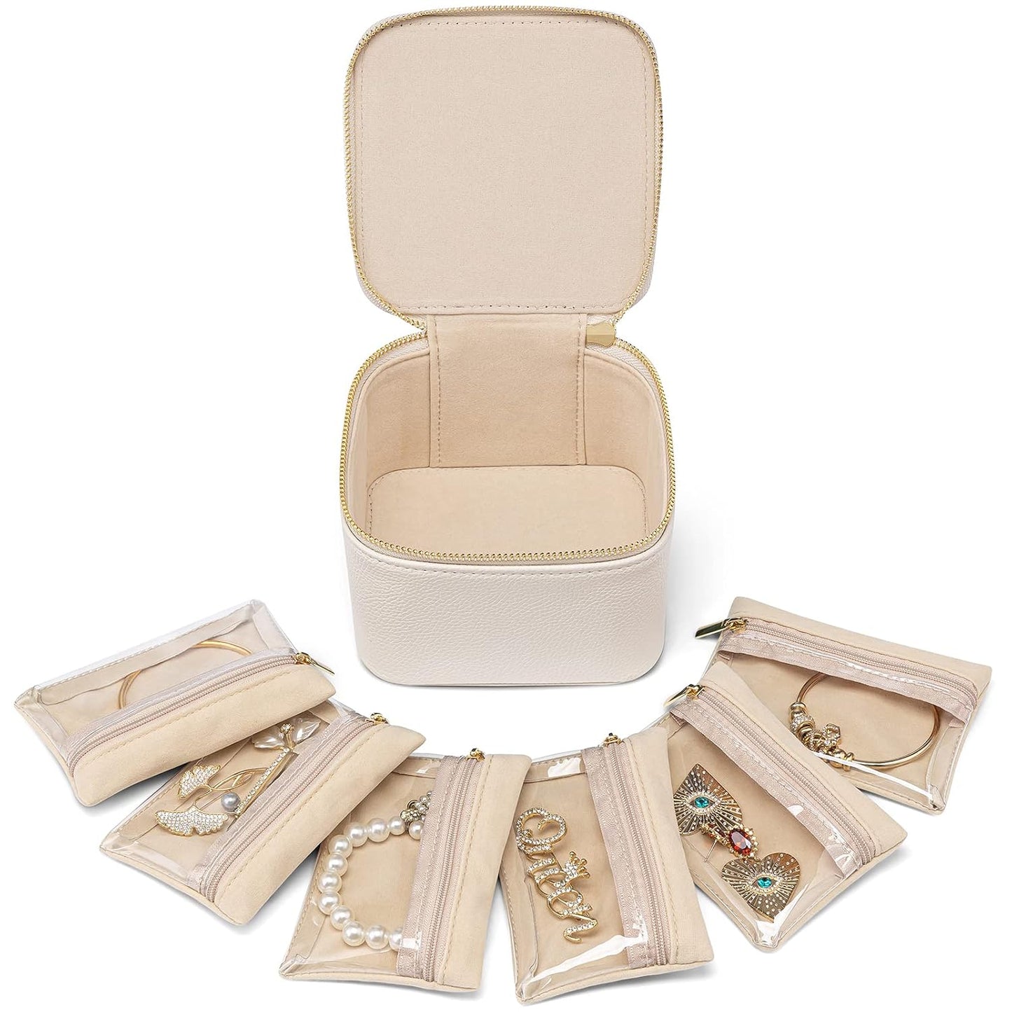 VLANDO Travel Jewelry Case,Valentines Gifts,Small Jewelry Box Organizer,Travel Jewelry Storage with 6 Velvet Jewelry Zipper Pockets, Birthday Gifts for Women Girls (White)