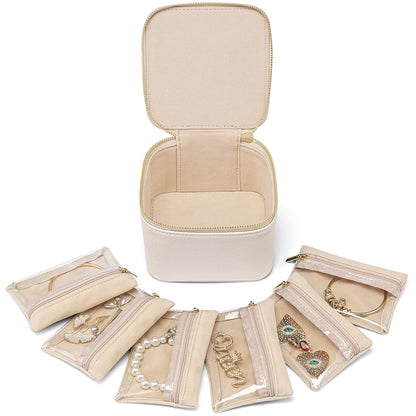 VLANDO Travel Jewelry Case,Valentines Gifts,Small Jewelry Box Organizer,Travel Jewelry Storage with 6 Velvet Jewelry Zipper Pockets, Birthday Gifts for Women Girls (White)