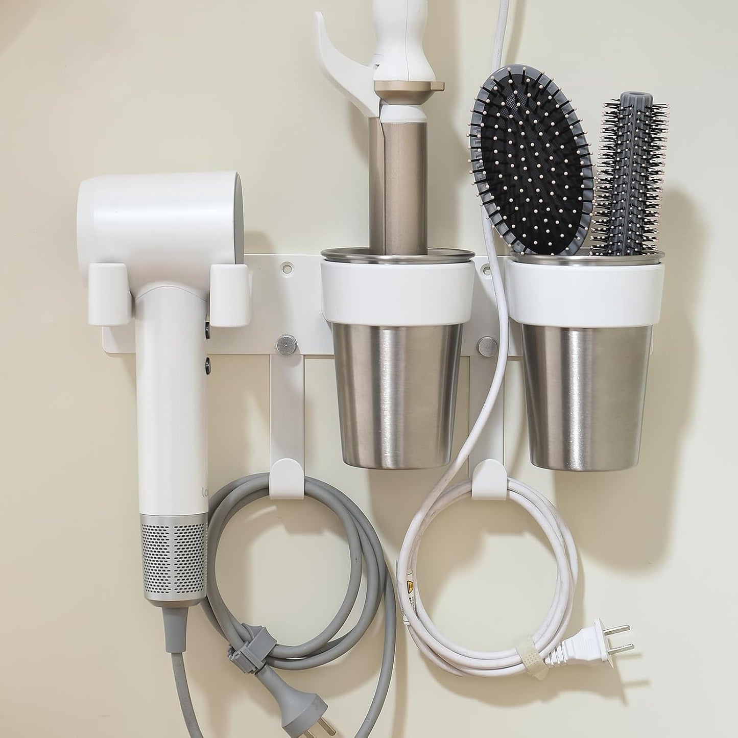 3-in-1 Hair Tool Organzier Wall Mount, Adhesive/Screw Mounting | Hair Dryer Storage Curling Iron & Straightener Holder with Cord Hooks, Vanity Bathroom Organizer, White & Stainless Steel