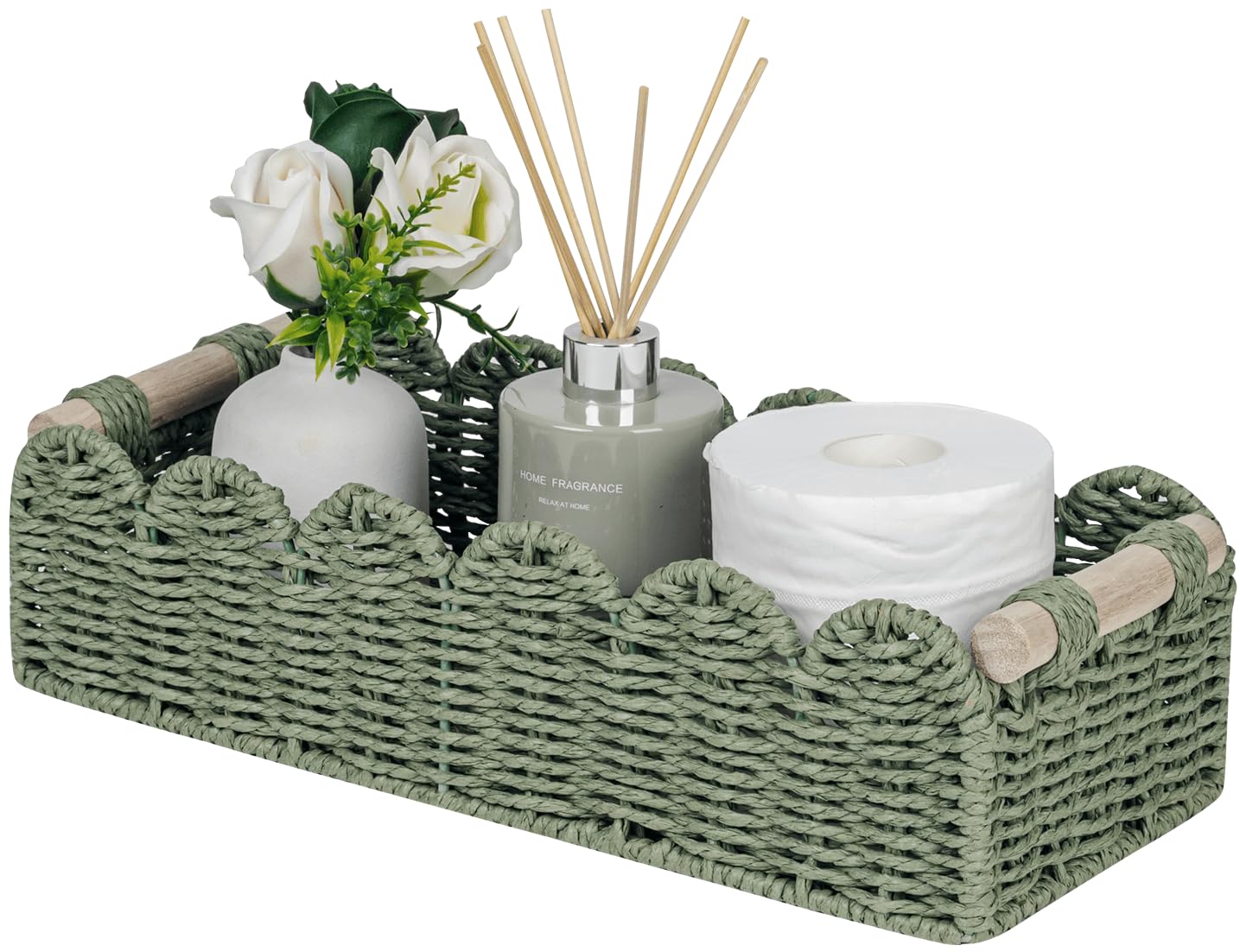 CubesLand Scalloped Toilet Paper Storage Basket W/Handle for Home Decor | Paper Rope Toilet Organizer Basket for Countertop, Over Toilet Shelf, End Table, Living Room Cozy Decorative & More, Green