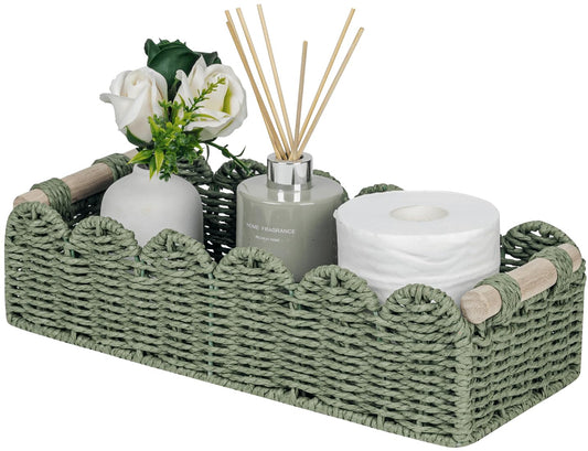 CubesLand Scalloped Toilet Paper Storage Basket W/Handle for Home Decor | Paper Rope Toilet Organizer Basket for Countertop, Over Toilet Shelf, End Table, Living Room Cozy Decorative & More, Green