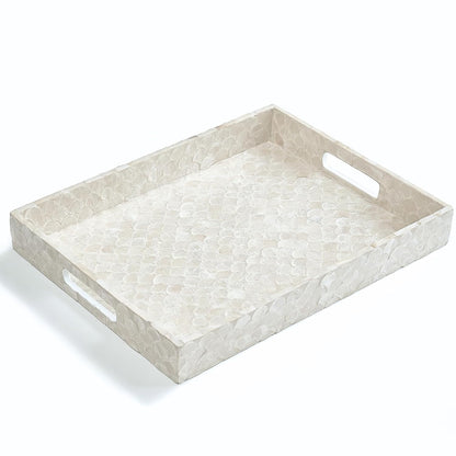 15.8" x 11.8" Capiz Shell Decorative Tray, Coastal Serving Tray | Natural Capiz Shell Inlaid, Fish-Scale Pattern, White Tray. Handmade Rectangular Serving Tray With Handles For Coffee Table