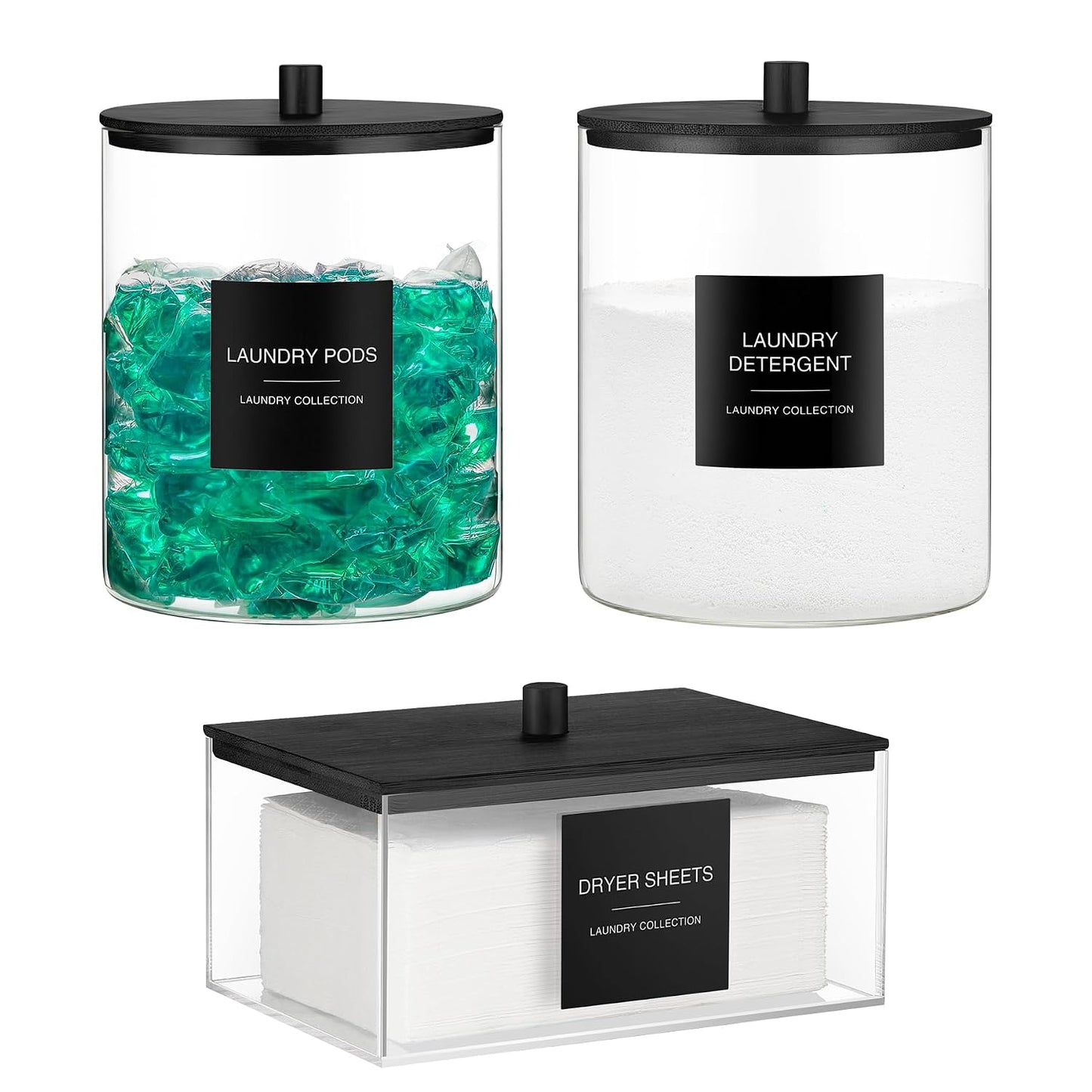 Glass Jars and Acrylic Dryer Sheet Holder, Laundry Pods Container with Bamboo Lid and 27 Labels, Powder Detergent Containers for Laundry Room Organization, Storage Jars Set (3 Pack, Black)