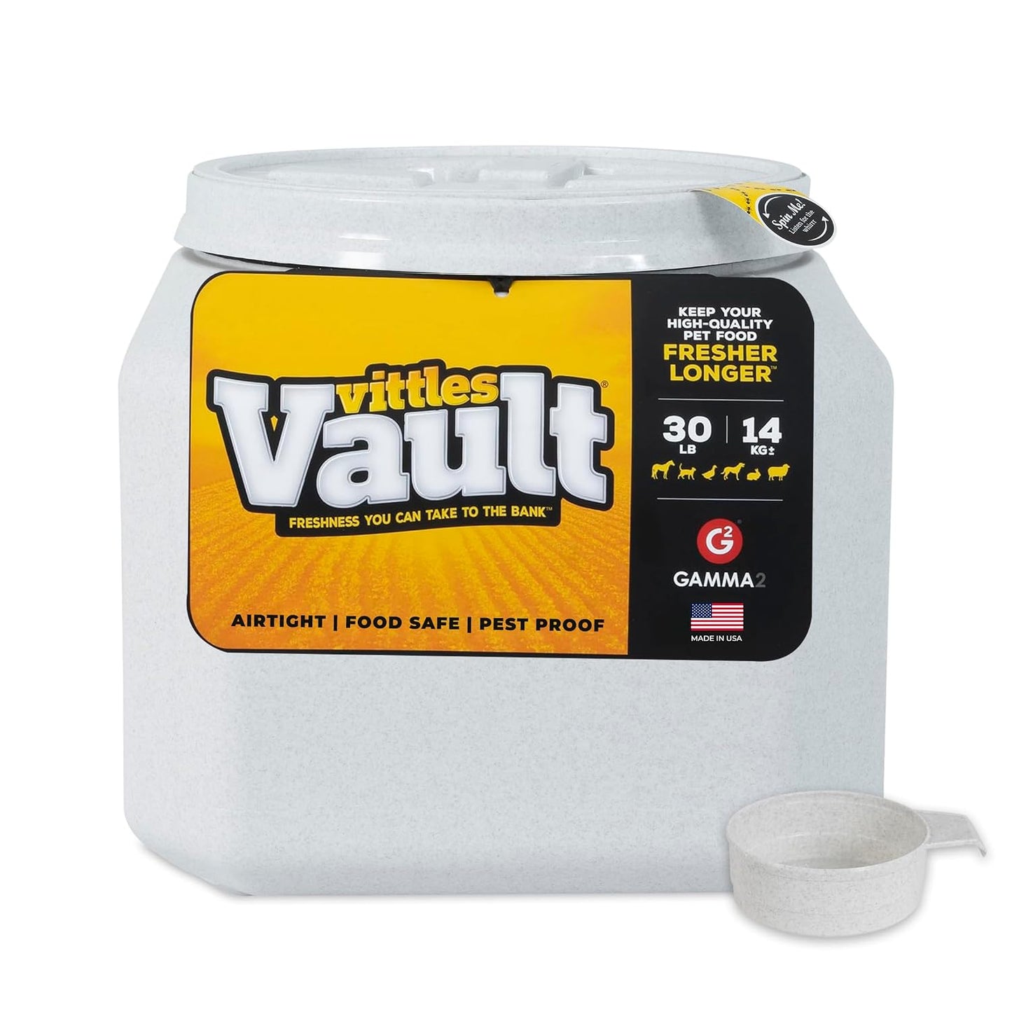 Vittles Vault Traditional Pet Food Storage Container For Dog Kibbles/Bird Seed/Oatmeal/Rice/Flour/Cereal, BPA Free Plastic, Sealed Airtight For Cat Food, Up To 30 lb, Made in USA, With Scoop, Gray