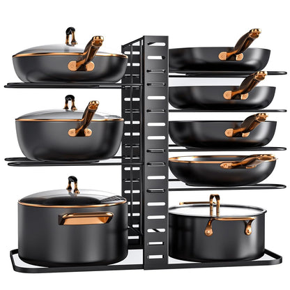 MUDEELA 8-Tier Lightweight Pots and Pans Organizer under Cabinet, 14.55" H | 3 DIY Methods, Adjustable pot rack, Fits 6"-11" pots and pans, Pot lid organizer inside cabinet, Kitchen storage