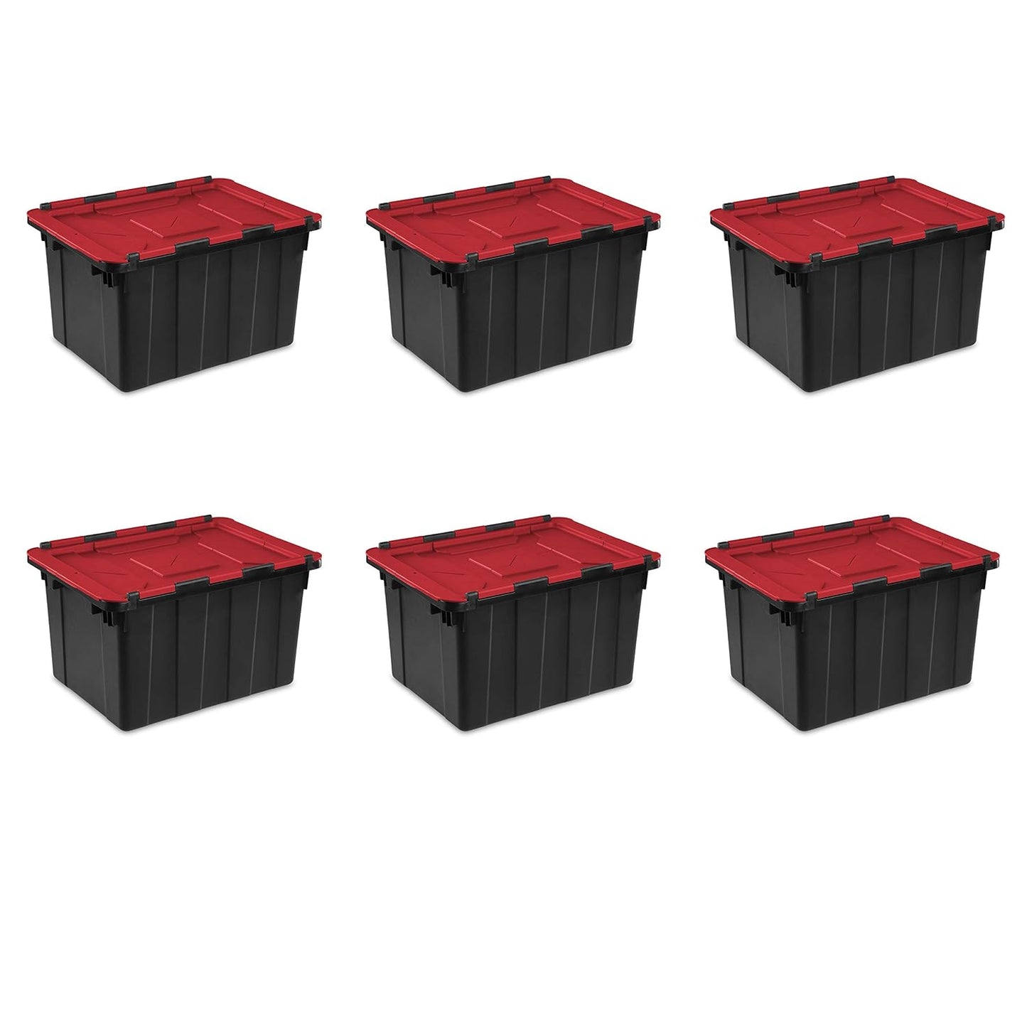 Sterilite 12 Gal Hinged Lid Industrial Tote, Stackable Storage Bin with Hinge Lid, Plastic Container to Organize Basement, Black with Red Lid, 6-Pack | Heavy-Duty and Stackable Utility Box Containers for Home, Office, and Basement Organization, Black/Red
