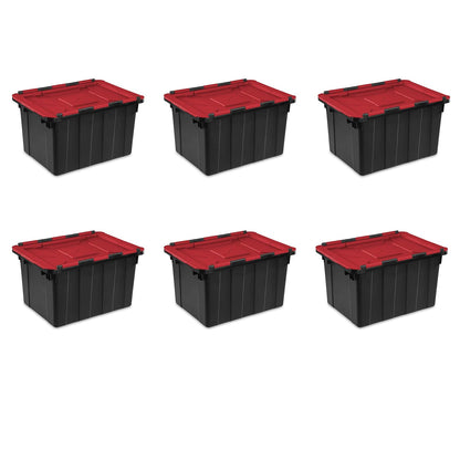 Sterilite 12 Gal Hinged Lid Industrial Tote, Stackable Storage Bin with Hinge Lid, Plastic Container to Organize Basement, Black with Red Lid, 6-Pack | Heavy-Duty and Stackable Utility Box Containers for Home, Office, and Basement Organization, Black/Red