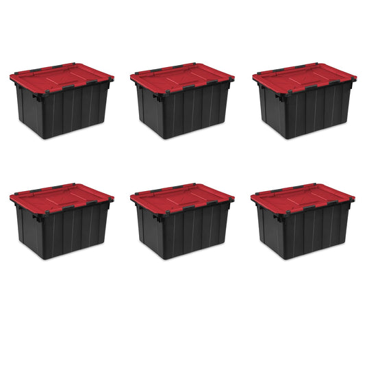 Sterilite 12 Gal Hinged Lid Industrial Tote, Stackable Storage Bin with Hinge Lid, Plastic Container to Organize Basement, Black with Red Lid, 6-Pack | Heavy-Duty and Stackable Utility Box Containers for Home, Office, and Basement Organization, Black/Red