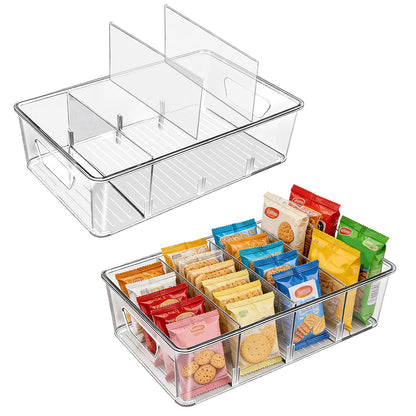 Stackable 4-Compartment Pantry Organizers and Storage, Clear Plastic Storage Bins with Removable Dividers Suitable for Pantry, Office, Kitchen, Cabinet & Fridge Organization, 2-Pack