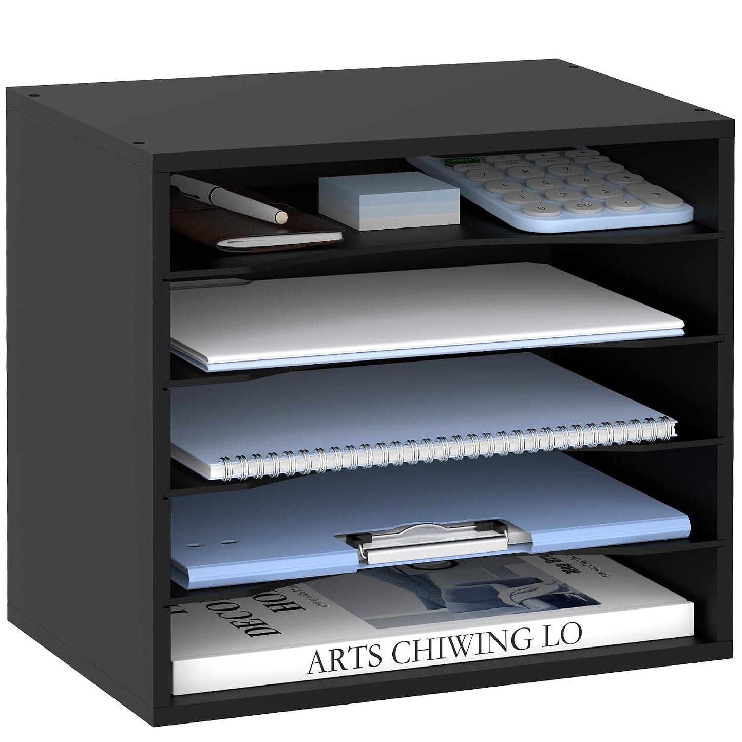 5 Tier Wood Desk Organizer, Mail Sorter and Paper Organizer for Desk, Black | Wooden Desktop Organizer for Sorting Papers, Letters and Mails, Literature Organizer for Home Office, Classroom Organization