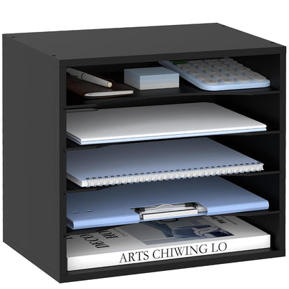 5 Tier Wood Desk Organizer, Mail Sorter and Paper Organizer for Desk, Black | Wooden Desktop Organizer for Sorting Papers, Letters and Mails, Literature Organizer for Home Office, Classroom Organization