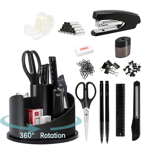 deli Office Supplies Set, Desk Accessory Organizer Kit, Black | Stationary Set, Desk Supplies with Rotating Multi-Functional Pen Holder &Stapler Set for Office, School, Home