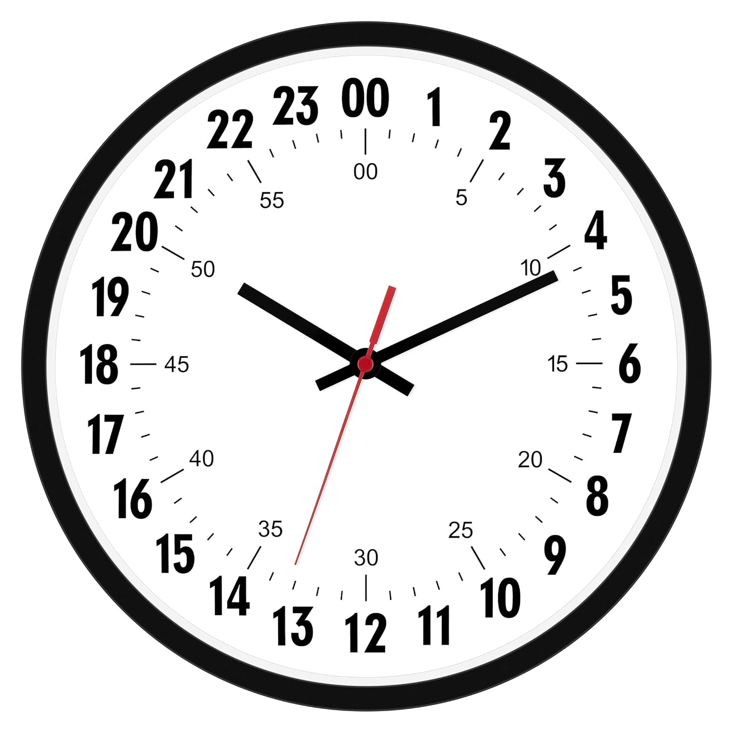 Foxtop 24 Hour Wall Clock, Battery Operated Analog Clock, 12" Black | Silent Non-Ticking, Military Time Clock, Round, for Classroom School Office Bathroom Living Room Bedroom Home, Easy to Read