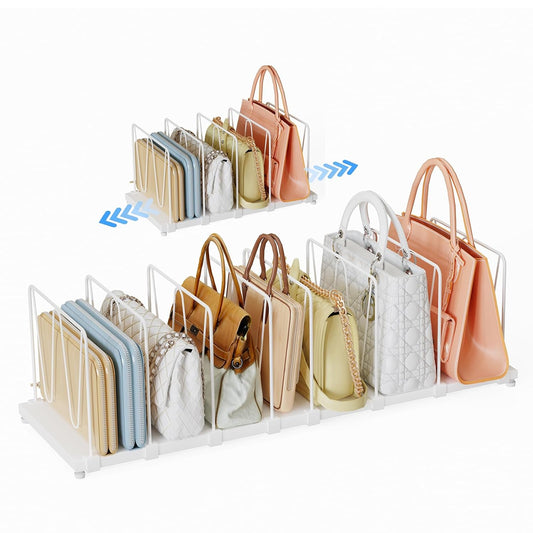 Dmevkic Extendable Purse Organizers Purse Storage. Length 16-28 in. Bag Organizer Purse Holder for Closet with 8 Adjustable Shelf Dividers Patent Pending