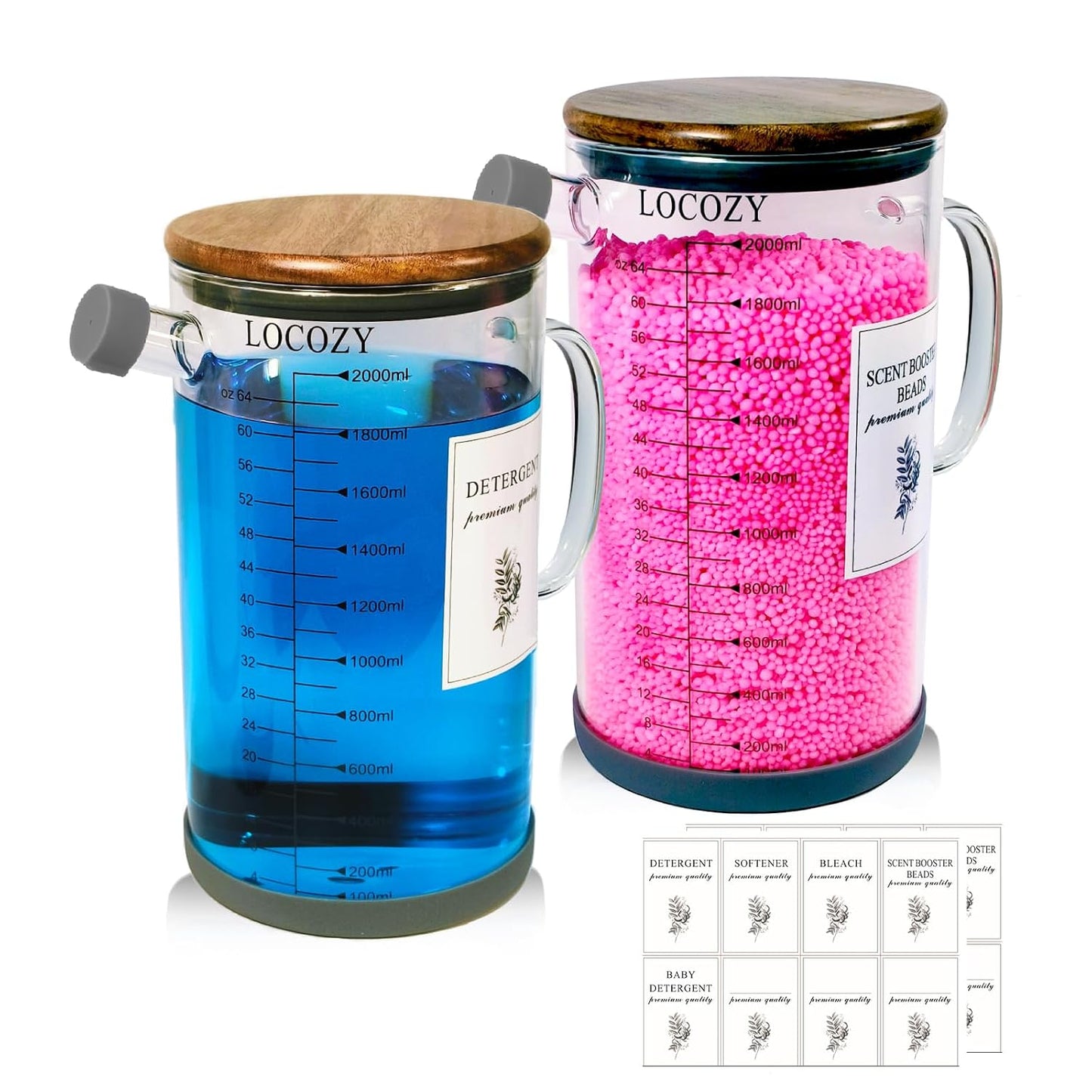 2-Pack 64oz Glass Laundry Detergent Dispenser with Acacia Wood Lid - Airtight Design, Dual oz/ml Scales | Laundry Room Organization & Storage for Fabric Softener, Beads, Powder, Bleach