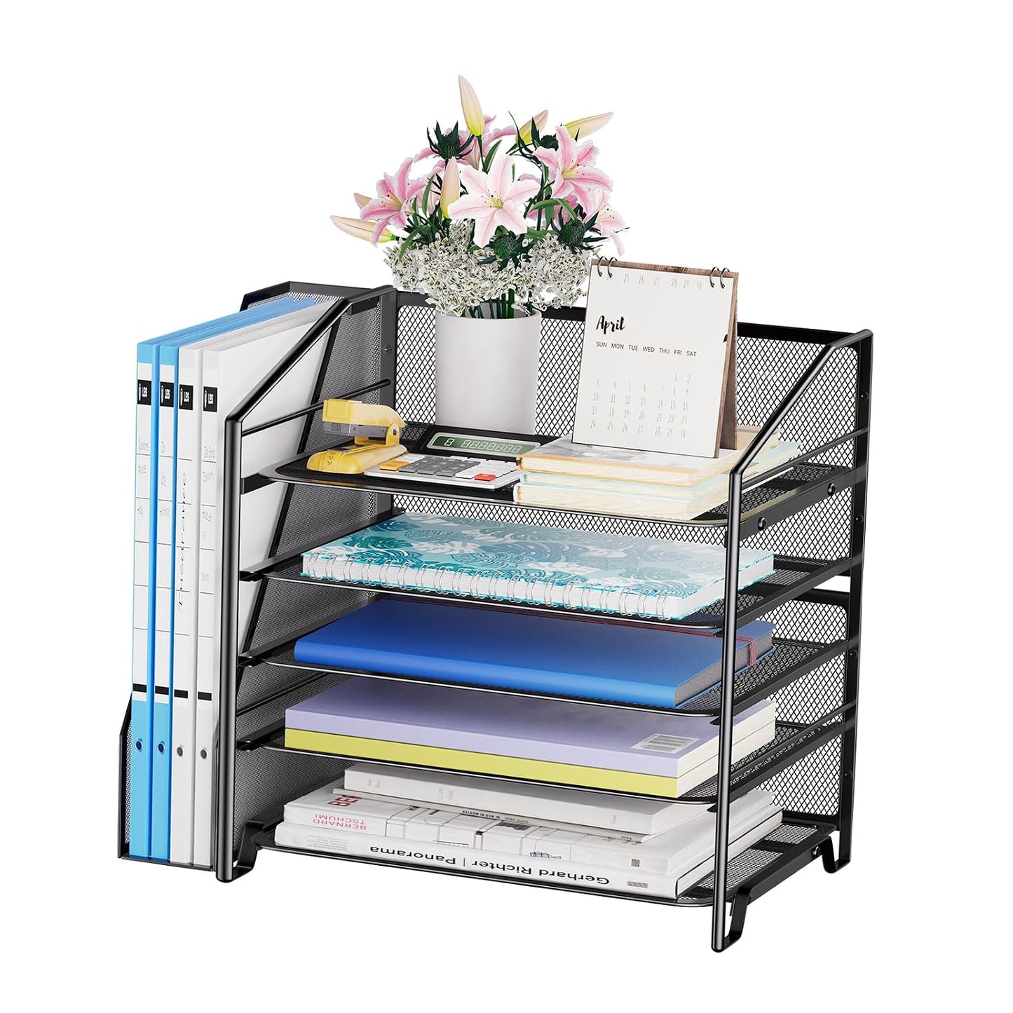 Simple Trending 5-Tier Desk File Organizer, Paper Organizer, Black | Adjustable Letter Trays, Side File Shelf，Durable Steel Mesh, Space Saving, for Home Office, 15.4"L x 9"W x 13"H