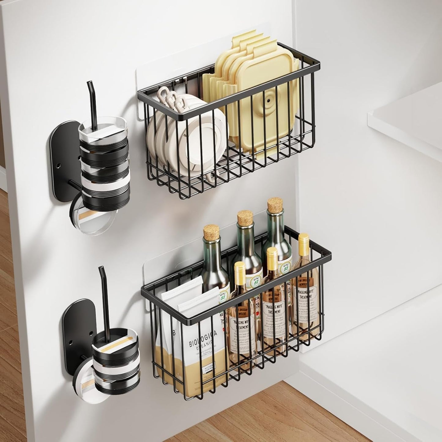 Mustorn 4 Pack Adhesive Cabinet Door Organizer, Lid Organizers Inside Cabinet Food Container/Tumbler Lid Organizer and Storage Cup Lids Holder for Kitchen & Bathroom Wall Mounted(Black)