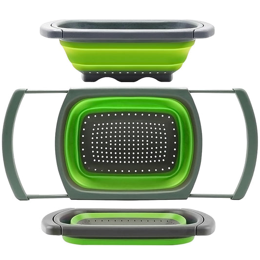 Qimh Colander collapsible, Colander Strainer Over The Sink Vegetable Fruit Strainer Basket (6 Quart) with Extendable Handles, New Kitchen Essentials