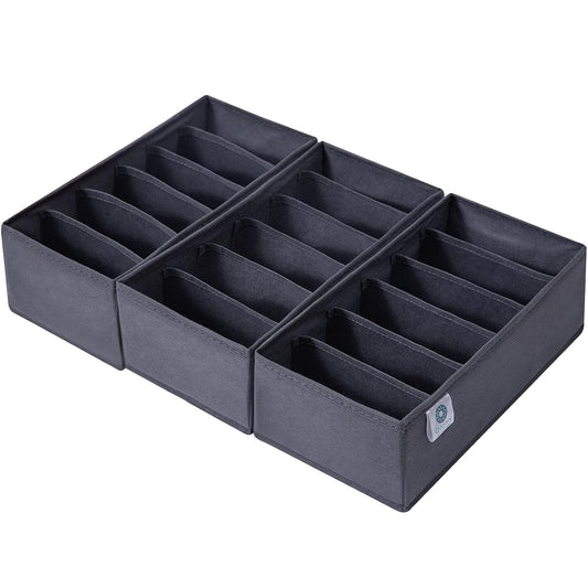 3 Pack Sock Underwear Drawer Organizer Dividers, Non-Woven Fabric Collapsible Cabinet Closet Storage Boxes for Clothes, Socks, Lingerie, Underwear, Tie, Belt, Baby, Bedroom (Gray, 6 Cells)