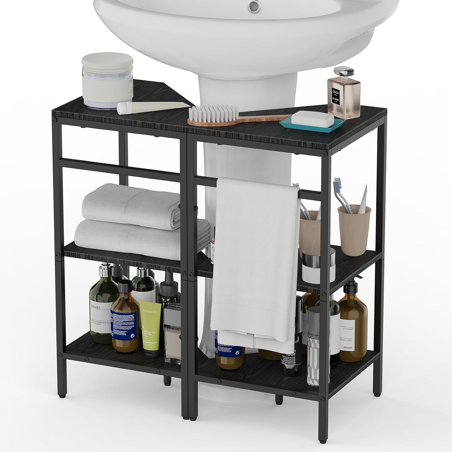 CADUKE Under Pedestal Sink Shelf, 2 Pack Under Sink Organizers and Storage, 3-Tier Pedestal Under Sink Storage Bathroom Vanity, Corner Shelf Stand for Bathroom, Kitchen, Living Room, Black