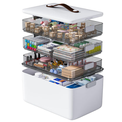 MOPUP 4-Tier Medicine Craft,Sewing,Art,Organizer Storage,Portable Latch Bin with Lid and Leather Handle,Pill Bottle, First Aid,Multipurpose Organizer with Removable Tray,A Household Essential